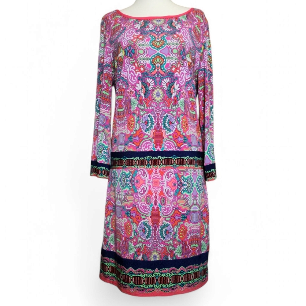 Laundry By Shelli Segal Paisley Pink Retro Style Long Sleeve Mini Dress